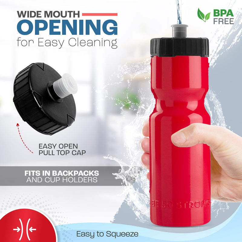 50 Strong Sports Water Bottles 2-Pack â€“ Reusable 22 oz BPA-Free Plastic Bottles with Pull Top Cap â€“ Made in USA â€“ Top Rack Dishwasher Safe â€“ Fits Most Bike Cages Brand - Red - Image 2